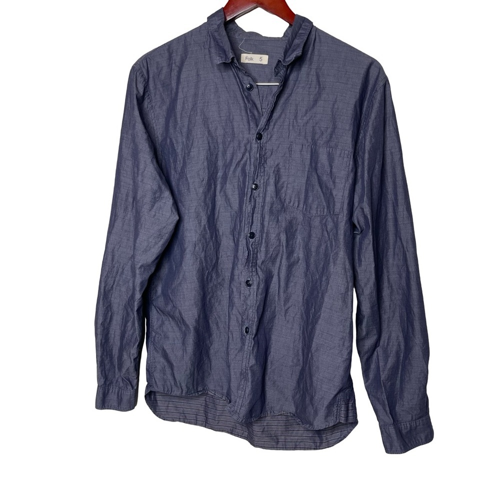 FOLK men metallic blue grey 100% cotton button down shirt sz L